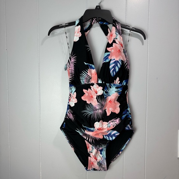 DKNY halter one piece swim bathing suit black pink tropical print size medium - Picture 4 of 11